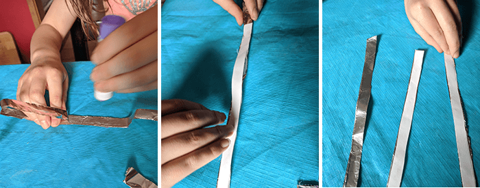 Three photos showing student gluing aluminum foil and paper strips for curling metal activity