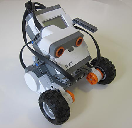 Photo of a functional ultrasonic sensing robot built from legos