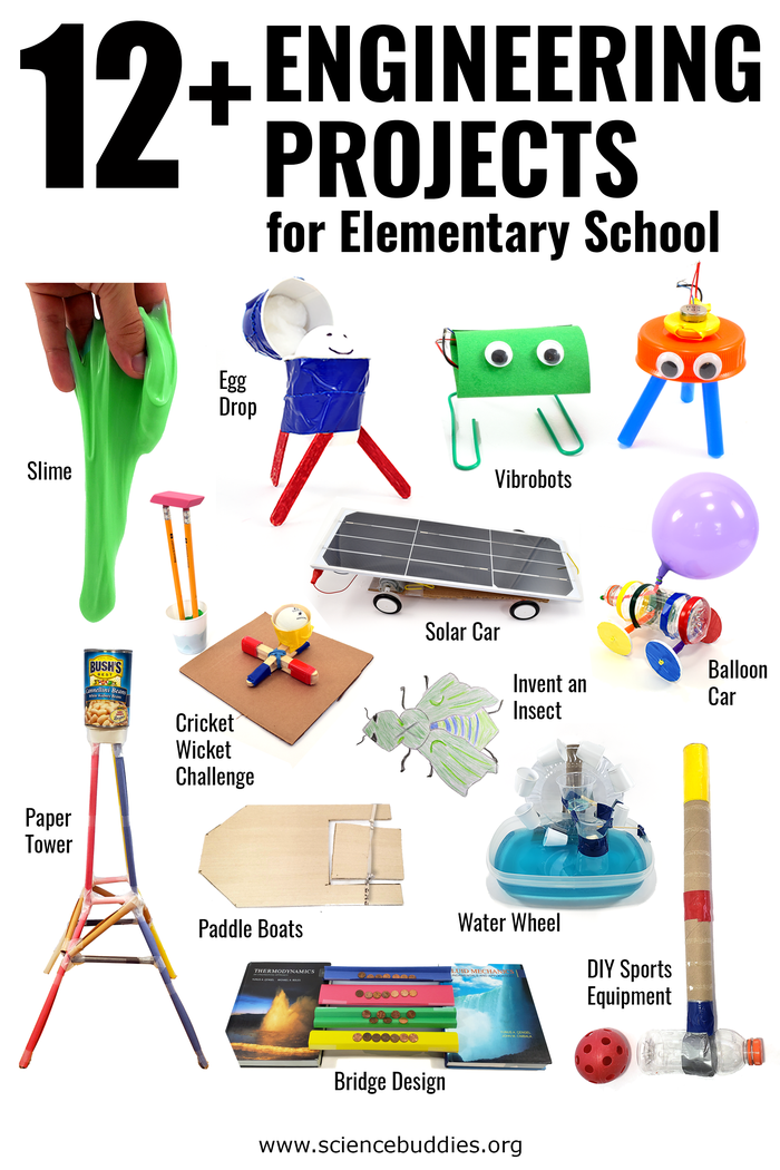 Images of 12 student Engineering Design Challenges for elementary school students, including slime, DIY sports equipment, water wheel, bridge design, vibrobots, paddle boats, paper tower, and more (described and linked below)