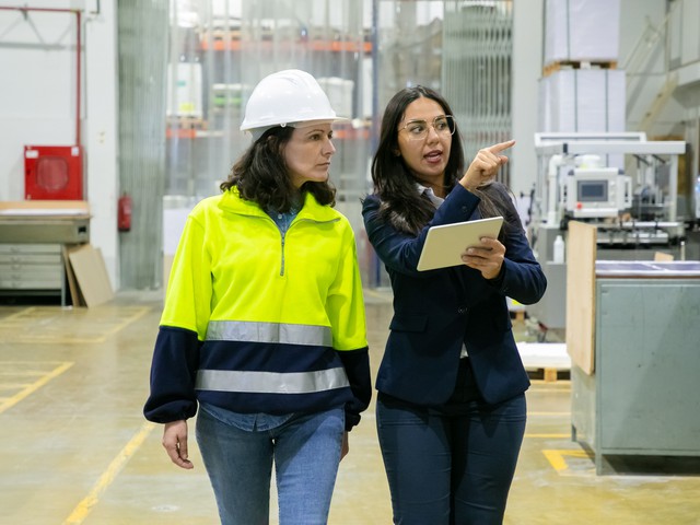female plant manager and inspector monitoring production process on site