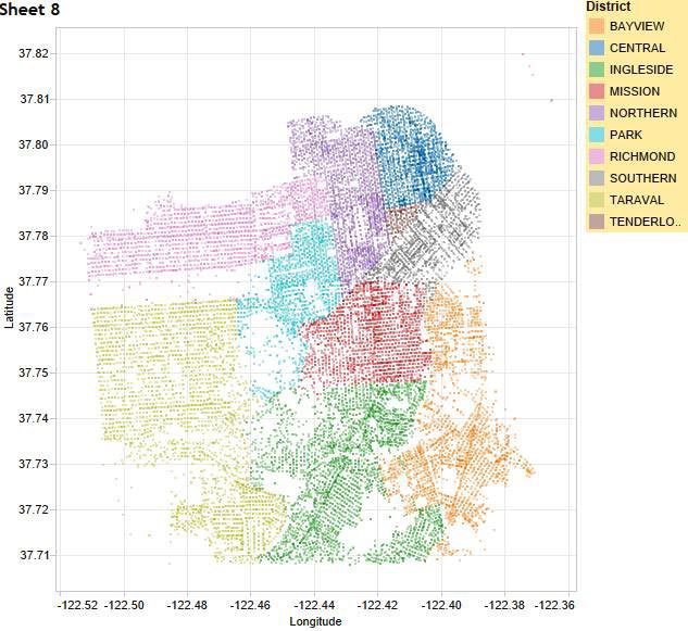 Map of San Francisco with each police district highlighted and each reported crime represented by a shaded dot