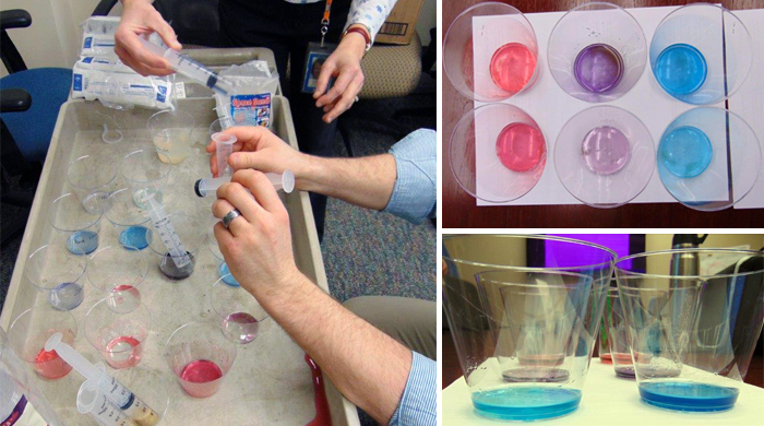 Three photos of different colored liquids in plastic cups which are organized by color