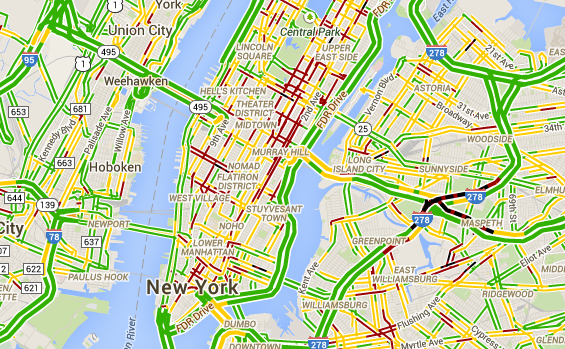 An image from Google Maps shows different levels of traffic for each street in New York City