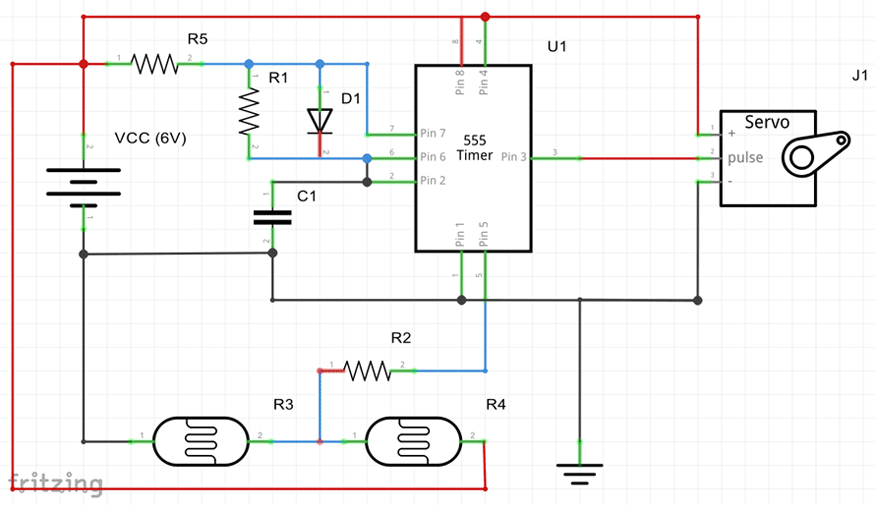 Circuit schematic of a 555 timer chip, photoresistors and a servo