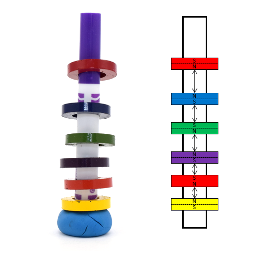 Column of colorful floating magnets floating around a marker